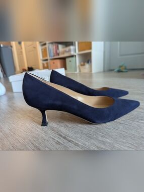 Manolo Blahnik, Srila Navy Suede Low-Heel Pump, Size 42 IT